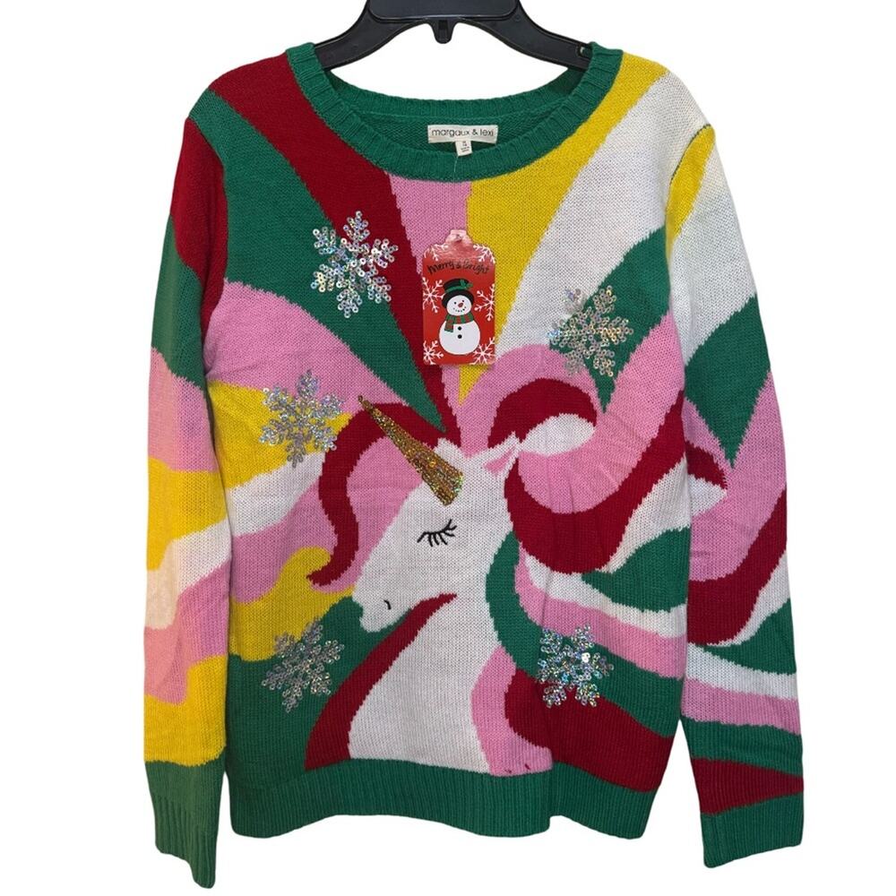 Margaux And Lexi Kids' Sequin Unicorn Holiday Sweater In Candy Stripes